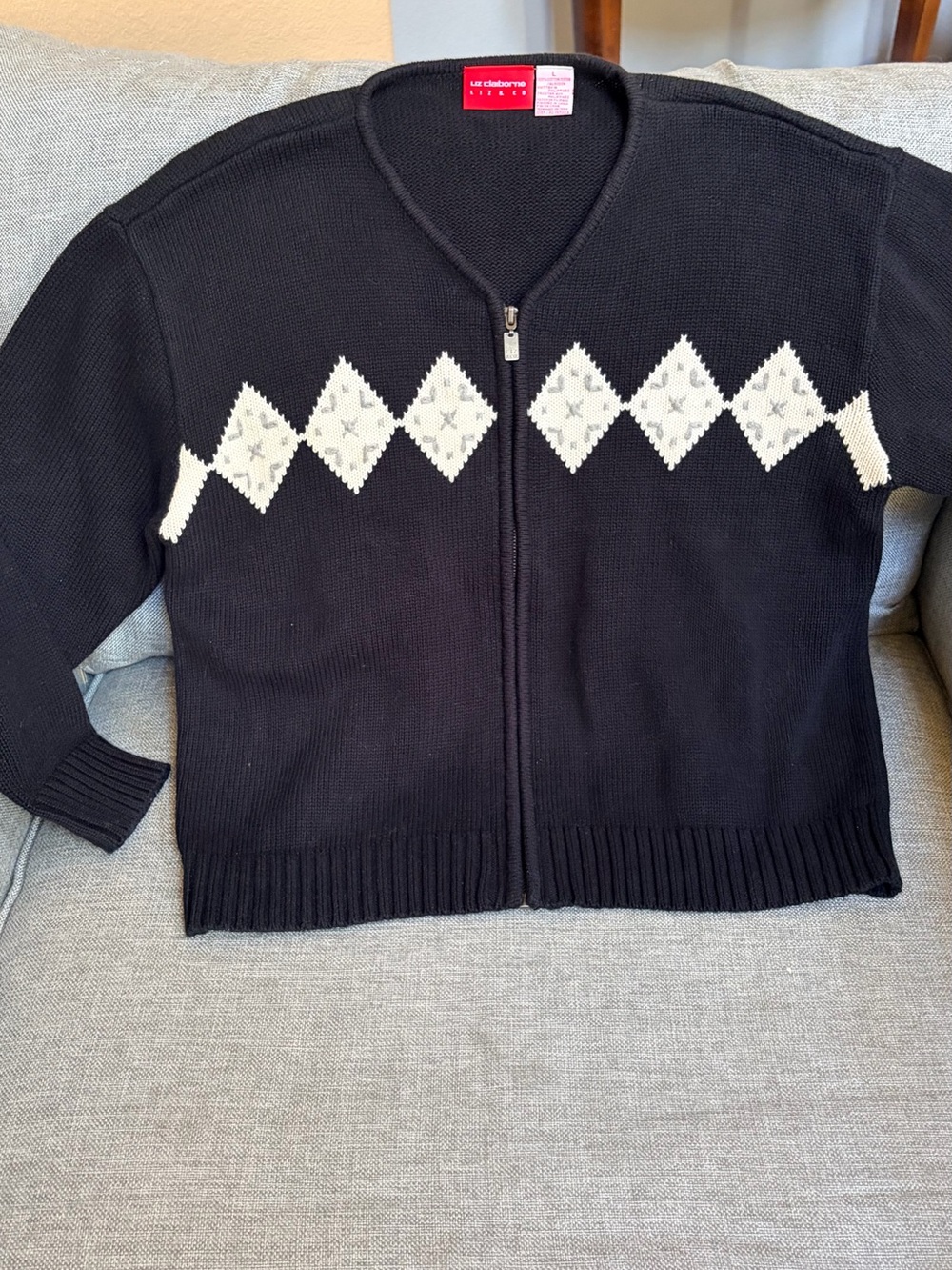VTG Liz Claiborne Black Zip-Front Argyle Cardigan with Ivory Diamonds